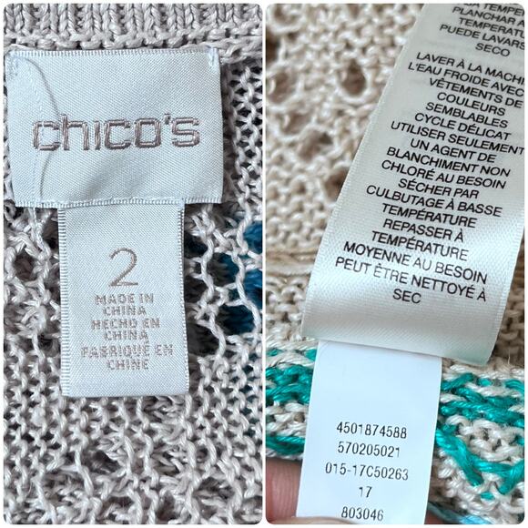 Chico’s Linen Open Crochet Fringe Hem Waist Tie Longline Cardigan Large Boho - Picture 8 of 10